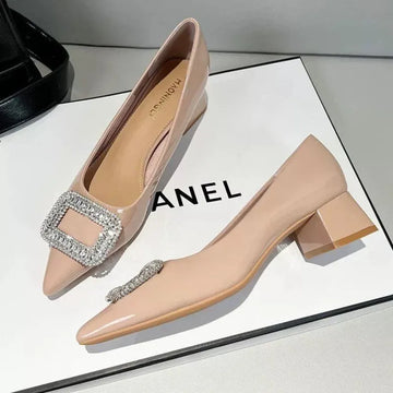 Xajzpa New Style Luxury Women's Fashion Metal Crystal Splice Women Pumps Kitten Thick Heel Elegant Party Ladies Shoes Zapatos De Mujer